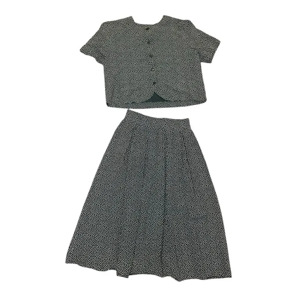 Vtg 90s Green Polka Dot Blouse Matching Midi Skirt Coord Set M  Femme Tradwife
